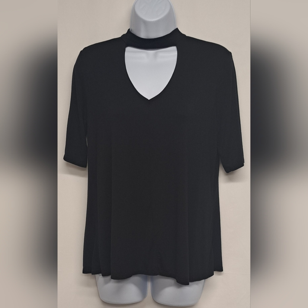 Kim & Cami Black Short Sleeve Top Slinky Stretch Knit Choker Neck S
